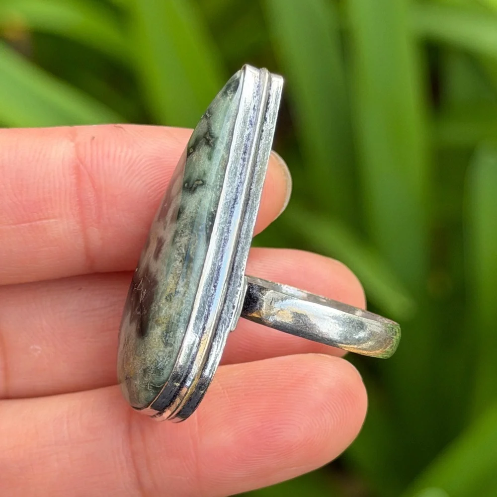 Size 9.75 925 silver‎ plated green ocean jasper ring 0871